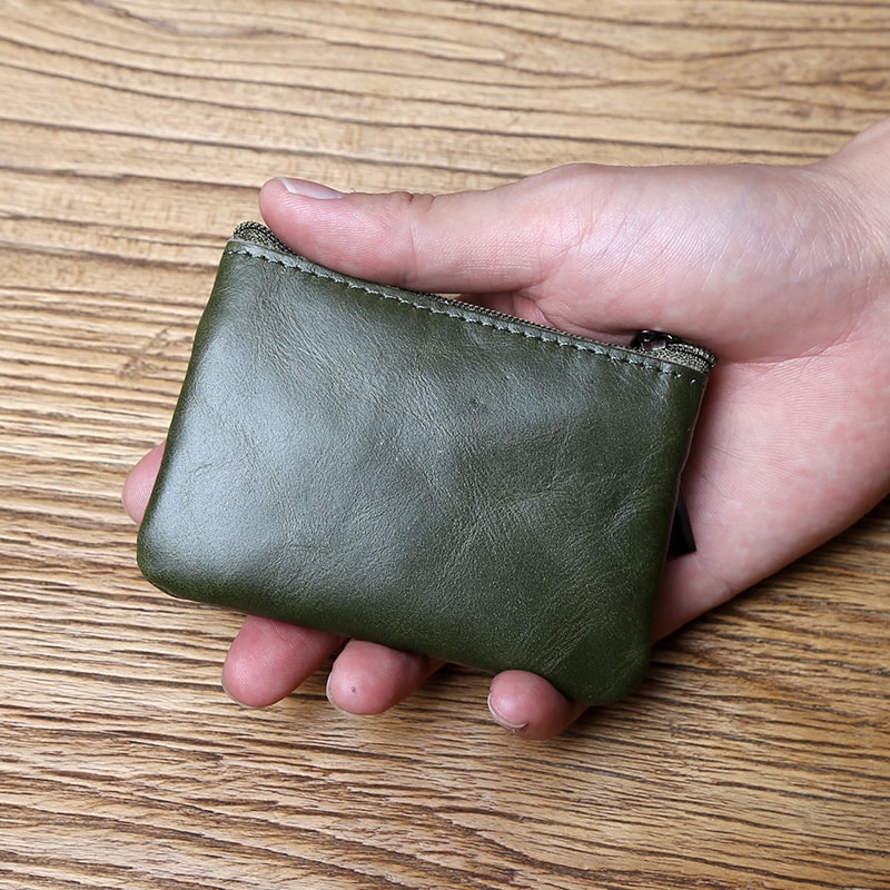 Leather Mini Coin Purse Handmade, Portable Cowhide Wallet for Keys & Coins, Retro Zippered Design