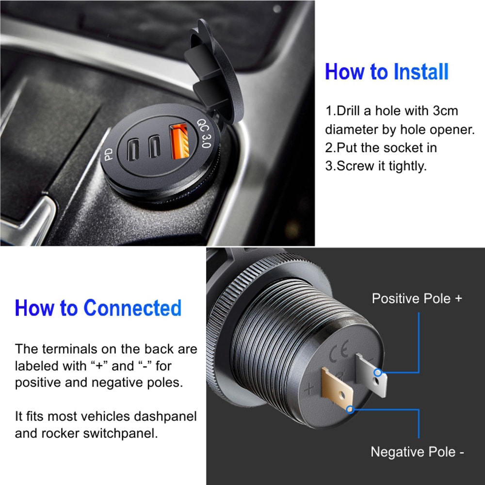 USB Socket In Car Quick Charge PD Car Charger Outlet Socket 2