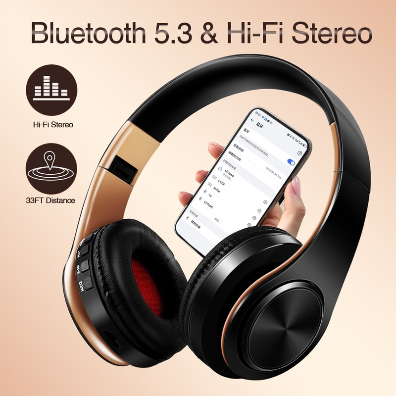Gold Wireless Bluetooth Headphones With Builtin Mic Stereo Sound For Gaming Calls 1