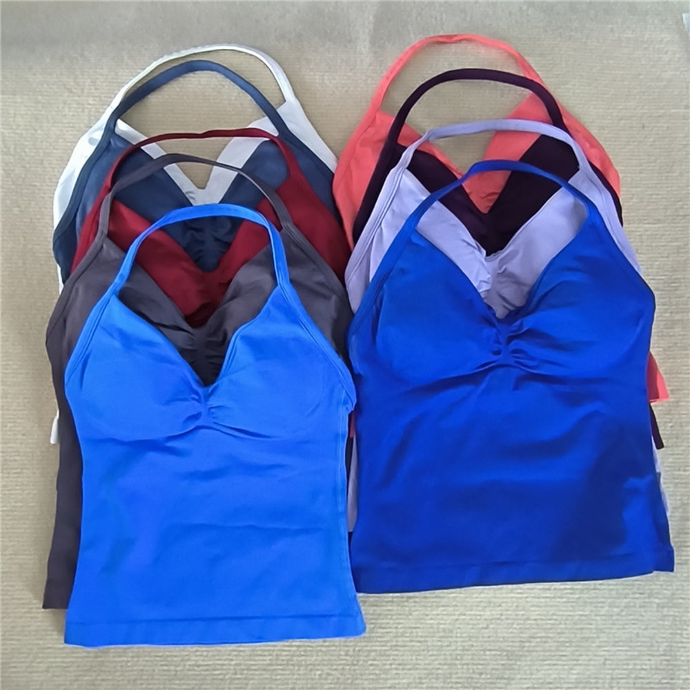 Sexy V Neck Gym Tank Top Seamless Sports Running Tank Slim Fit Yoga Padded Workout Vest For Women 2