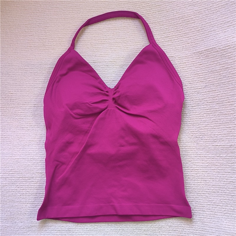 Sexy V Neck Gym Tank Top Seamless Sports Running Tank Slim Fit Yoga Padded Workout Vest For Women 11