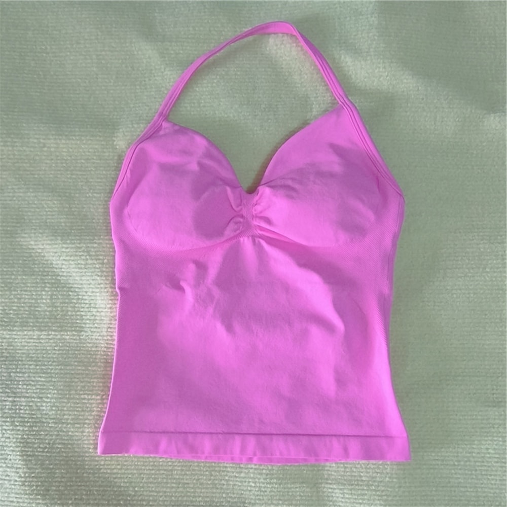 Sexy V Neck Gym Tank Top Seamless Sports Running Tank Slim Fit Yoga Padded Workout Vest For Women 14