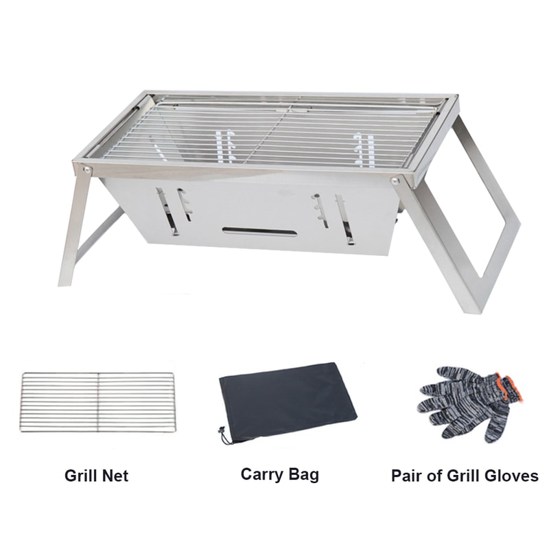 Portable Camping BBQ Grill With Adjustable Height Folding Stainless Steel Charcoal Stove Carry Bag 4