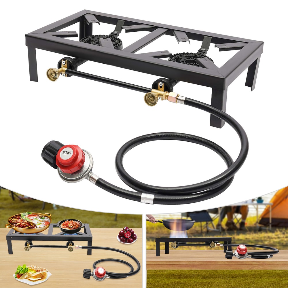 Portable Double Burner Gas Stove With Adjustable Regulator Hose For Camping BBQ 0
