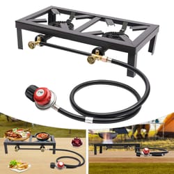 portable double burner gas stove with adjustable regulator hose for camping & bbq