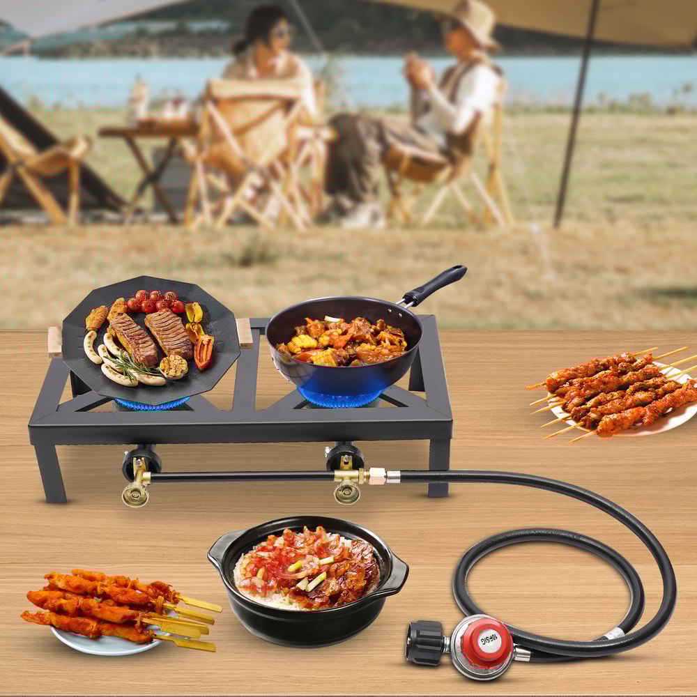 Portable Double Burner Gas Stove With Adjustable Regulator Hose For Camping BBQ 1