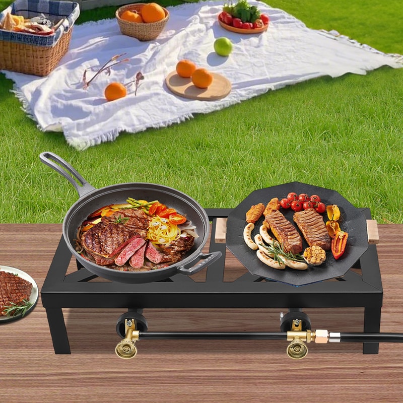 Portable Double Burner Gas Stove With Adjustable Regulator Hose For Camping BBQ 3