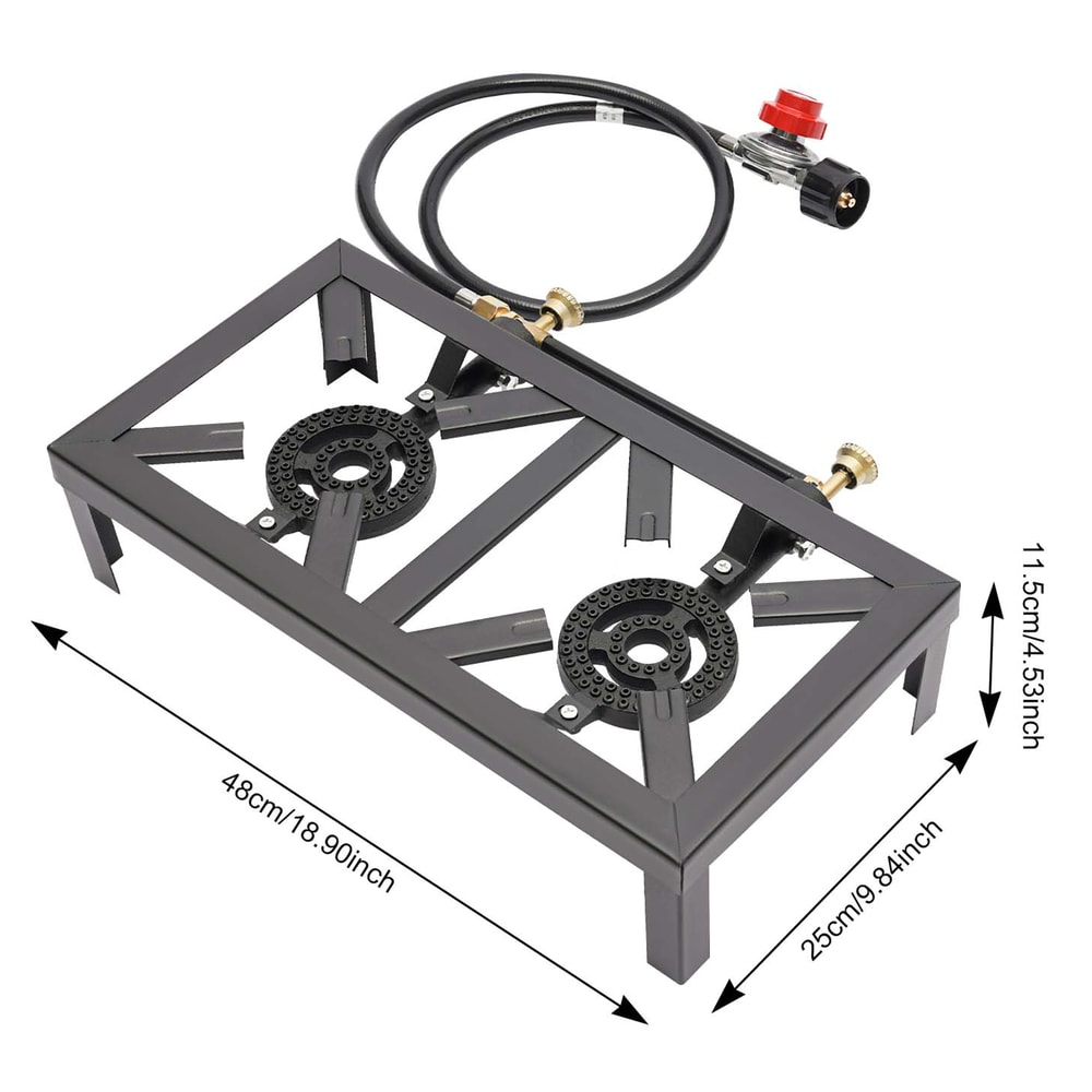 Portable Double Burner Gas Stove With Adjustable Regulator Hose For Camping BBQ 4