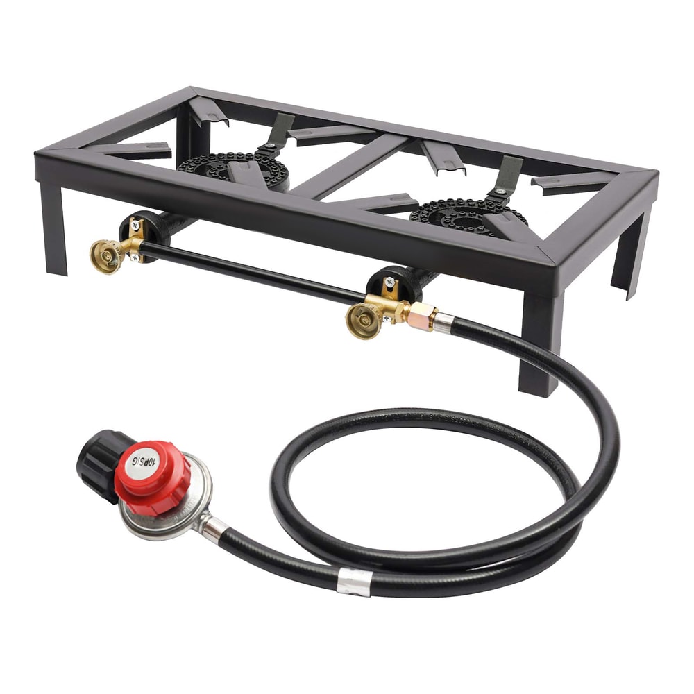 Portable Double Burner Gas Stove With Adjustable Regulator Hose For Camping BBQ 6
