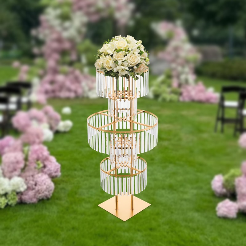 Gold Silver Wedding Flower Stand Centerpiece With Hanging Acrylic Vases 2