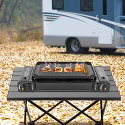 double head barbecue gas stove with baking tray ideal for home and outdoor cooking