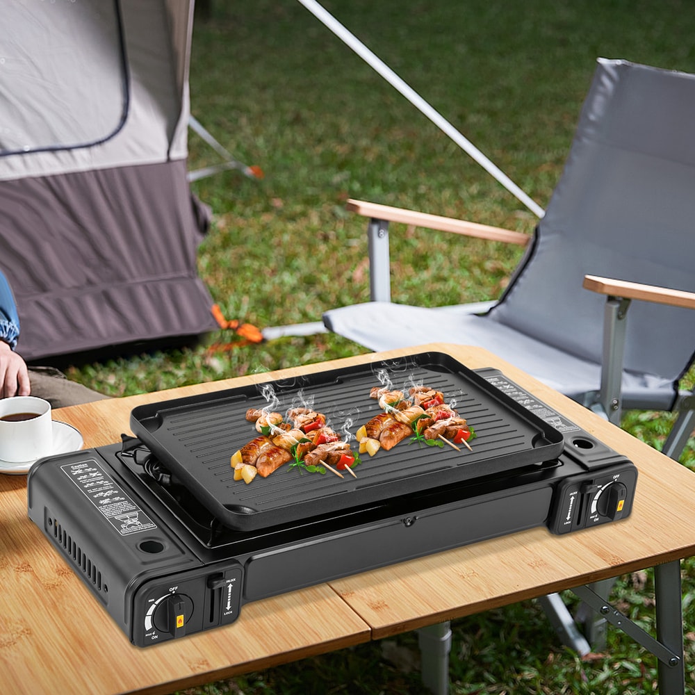 Double Head Barbecue Gas Stove With Baking Tray Ideal For Home And Outdoor Cooking 1