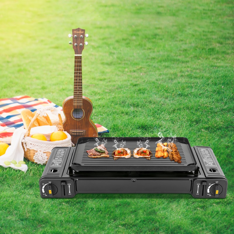Double Head Barbecue Gas Stove With Baking Tray Ideal For Home And Outdoor Cooking 2