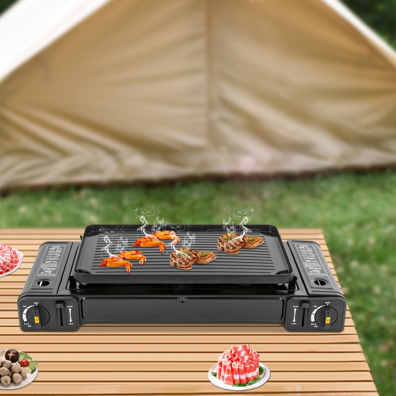 Double Head Barbecue Gas Stove With Baking Tray Ideal For Home And Outdoor Cooking 3