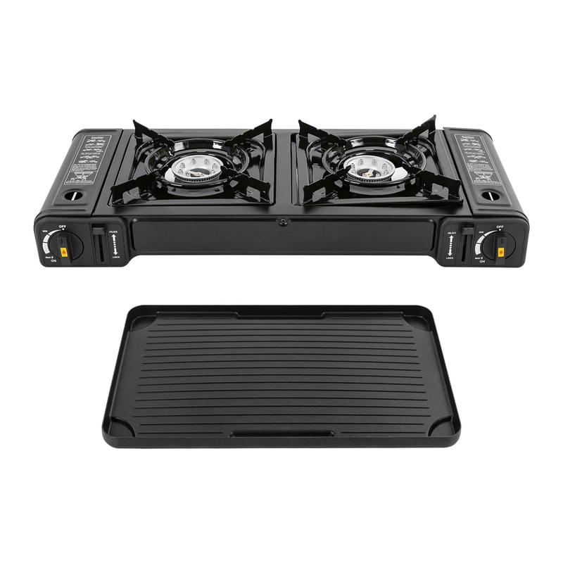 Double Head Barbecue Gas Stove With Baking Tray Ideal For Home And Outdoor Cooking 4