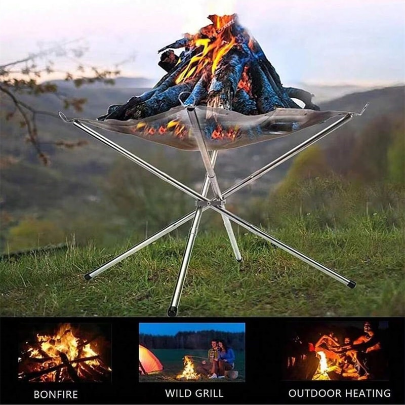 Portable Outdoor Fire Pit Stand Collapsible Steel Mesh Stove Shelf For Wood Heater Ideal For Campin 2