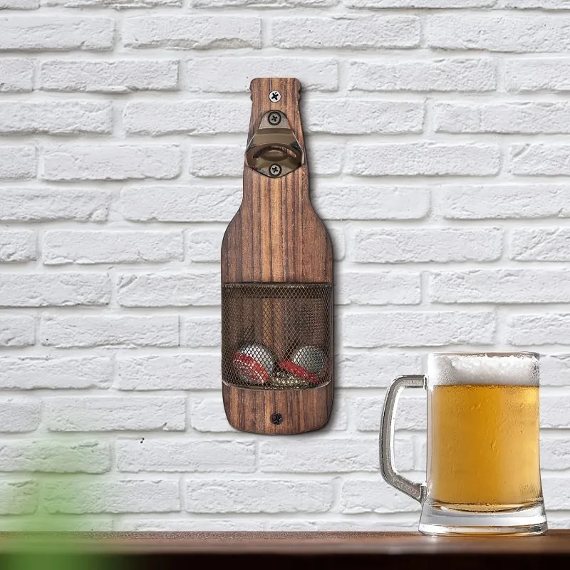 Wooden Wall Mounted Beer Bottle Opener With Cap Storage Box Perfect Bar Counter Decoration 2