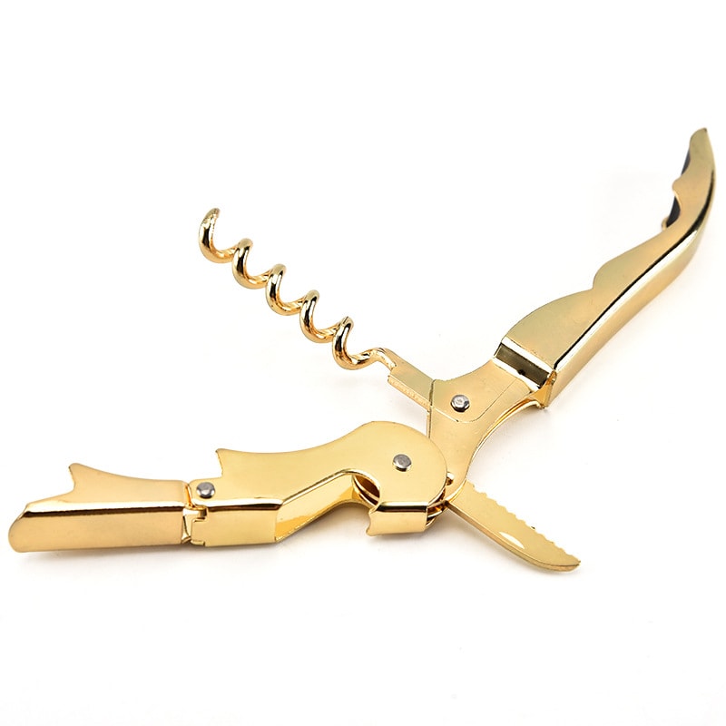 Gold Plated Corkscrew Waiter's Wine Key Bottle Opener Double Hinge Bar Tool for Home & Office Use