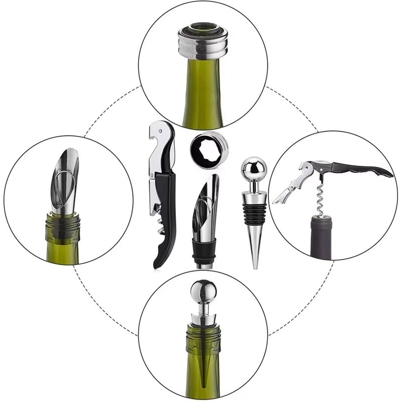 Elegant Wine Opener Gift Set Stainless Steel Bottle Opener Vacuum Stopper Pourer Bar Tool 4