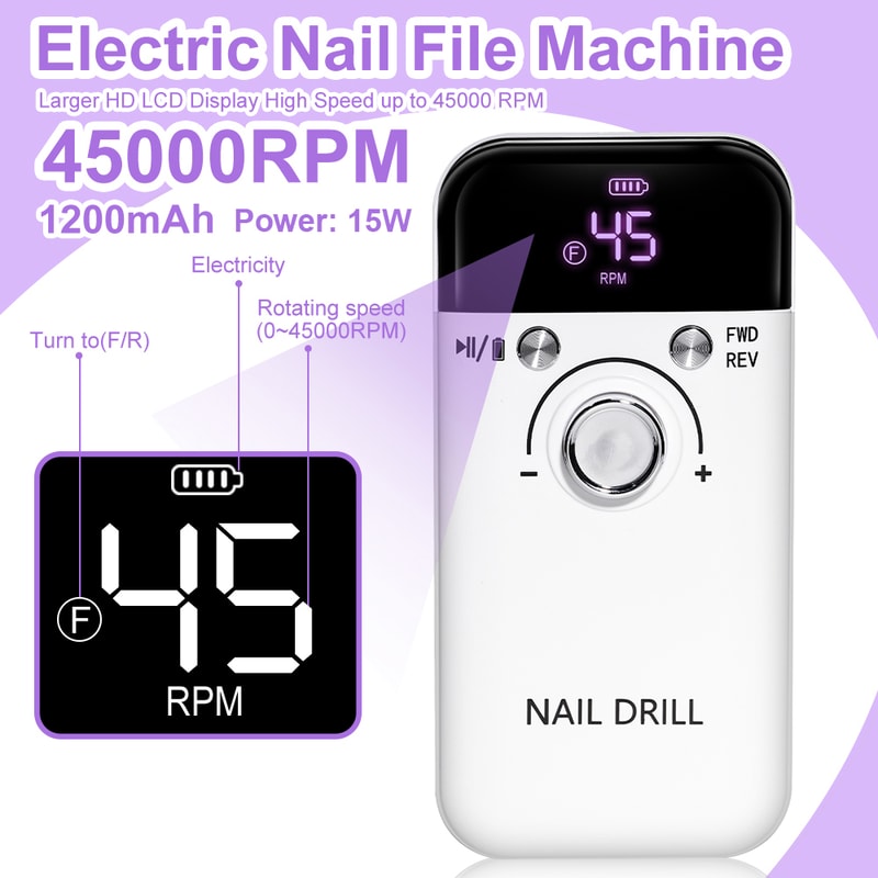Nail Drill RPM Rechargeable Electric Nail File For Acrylic Gel Polishing Home Salon Use 2