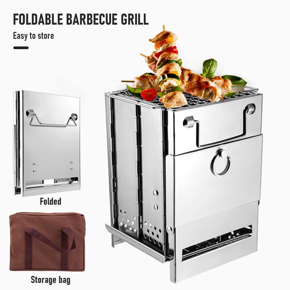 Portable Stainless Steel Wood Stove with Mini Charcoal Grill for Camping