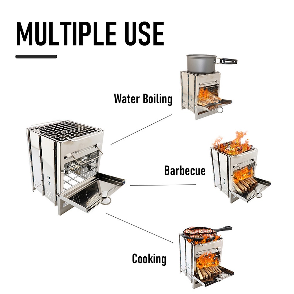 Portable Stainless Steel Wood Stove with Mini Charcoal Grill for Camping