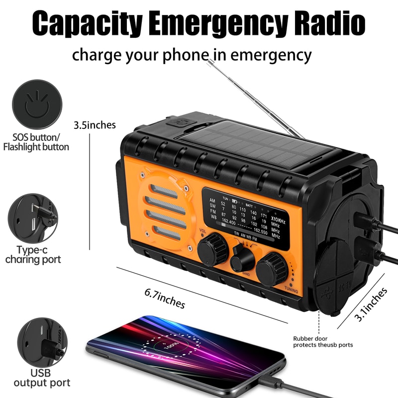 Solar Powered Emergency Weather Radio With Power Bank NOAA Alerts Hand Crank SOS Light 2