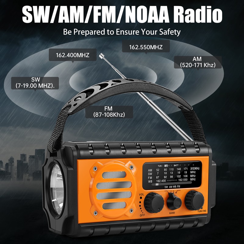 Solar Powered Emergency Weather Radio With Power Bank NOAA Alerts Hand Crank SOS Light 3