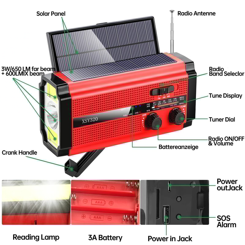 Solar Hand Crank Emergency Radio With NOAA Alerts Power Bank LED 6