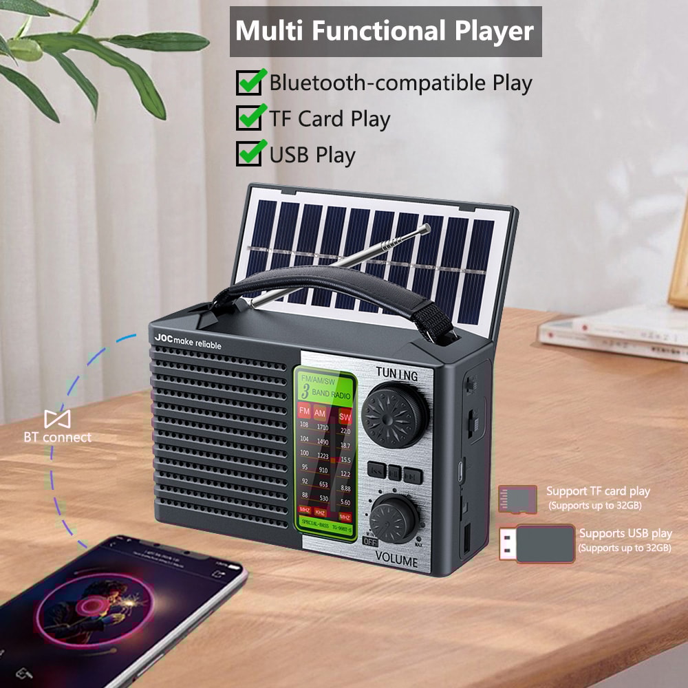 Solar Emergency Radio with Bluetooth Speaker Portable FM AM SW Outdoor Survival Radio