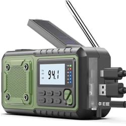 emergency crank radio with power bank, solar charging & led light for camping & survival