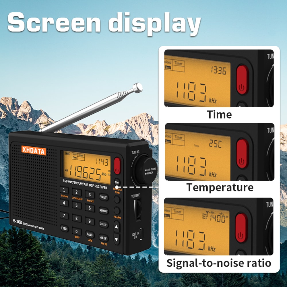 Portable Radio AM FM Shortwave Airband Digital Receiver With Presets LCD Type C 3