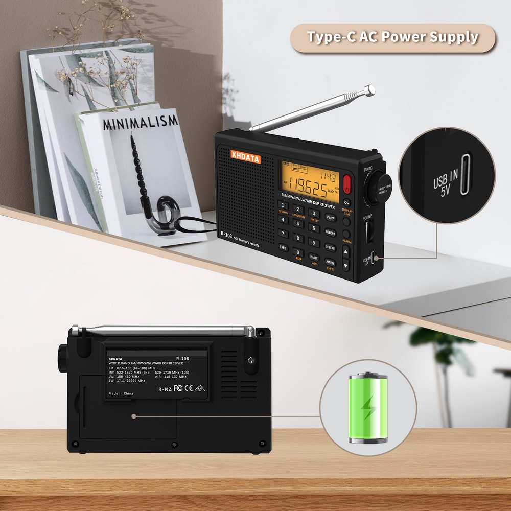 Portable Radio AM FM Shortwave Airband Digital Receiver With Presets LCD Type C 4