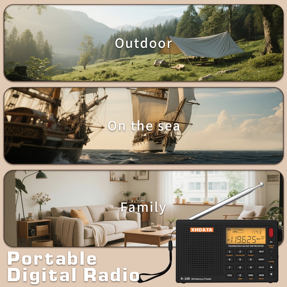 Portable Radio AM FM Shortwave Airband Digital Receiver With Presets LCD Type C 5