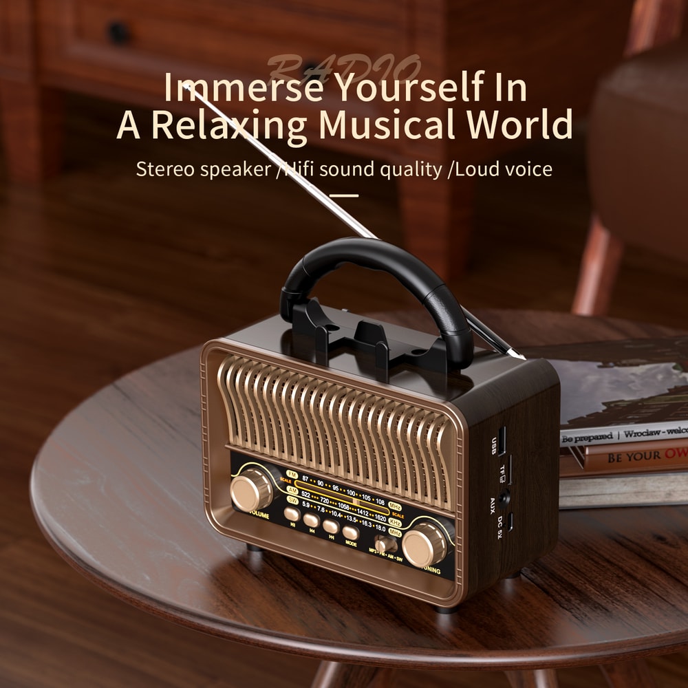 Retro Portable Rechargeable AMFMSW Radio With AUX USB TF Playback 1