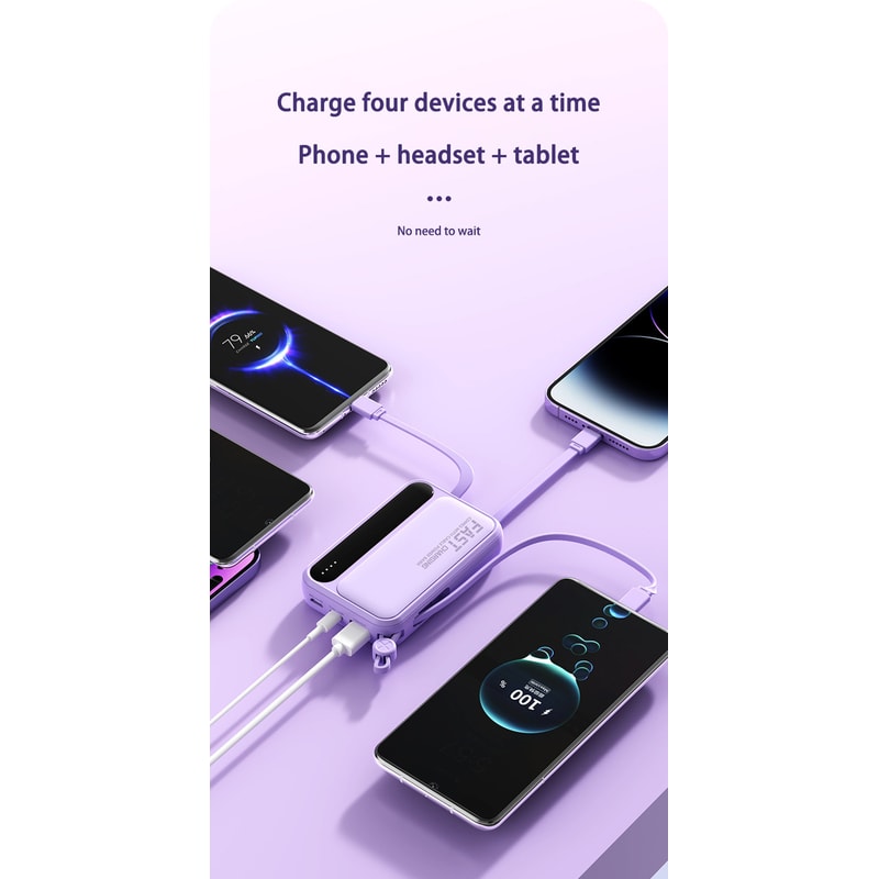 4in1 Portable Power Bank With Builtin Cables Digital Display 4