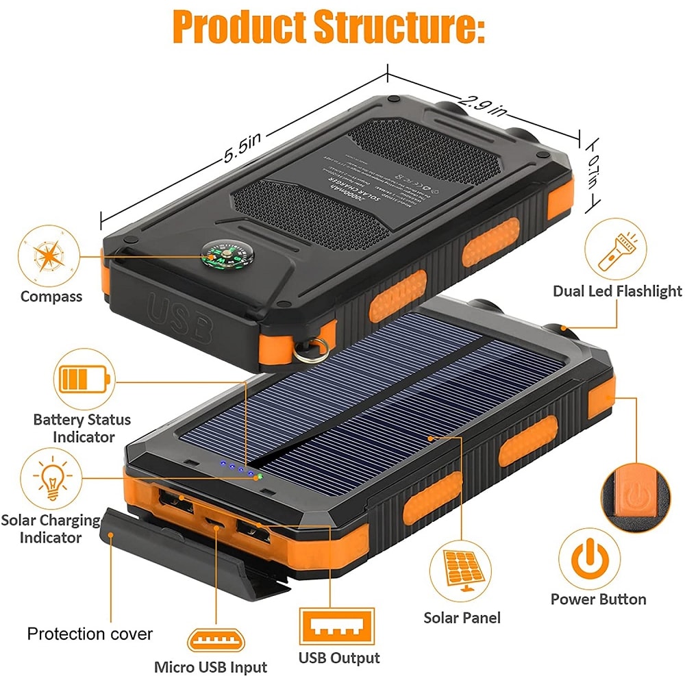 Solar Power Bank Portable Charger Power Bank With Strong LED Flashlight External Battery Charger 5