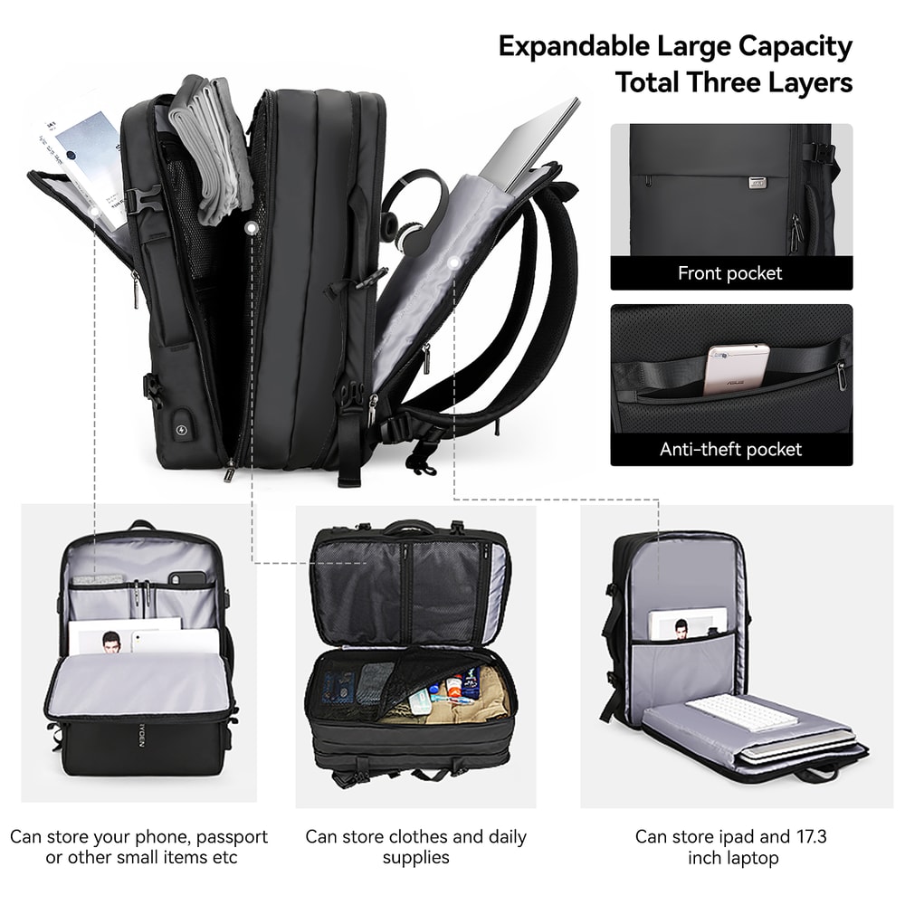 Expandable Travel Laptop Backpack For Men With USB Charging Port 4
