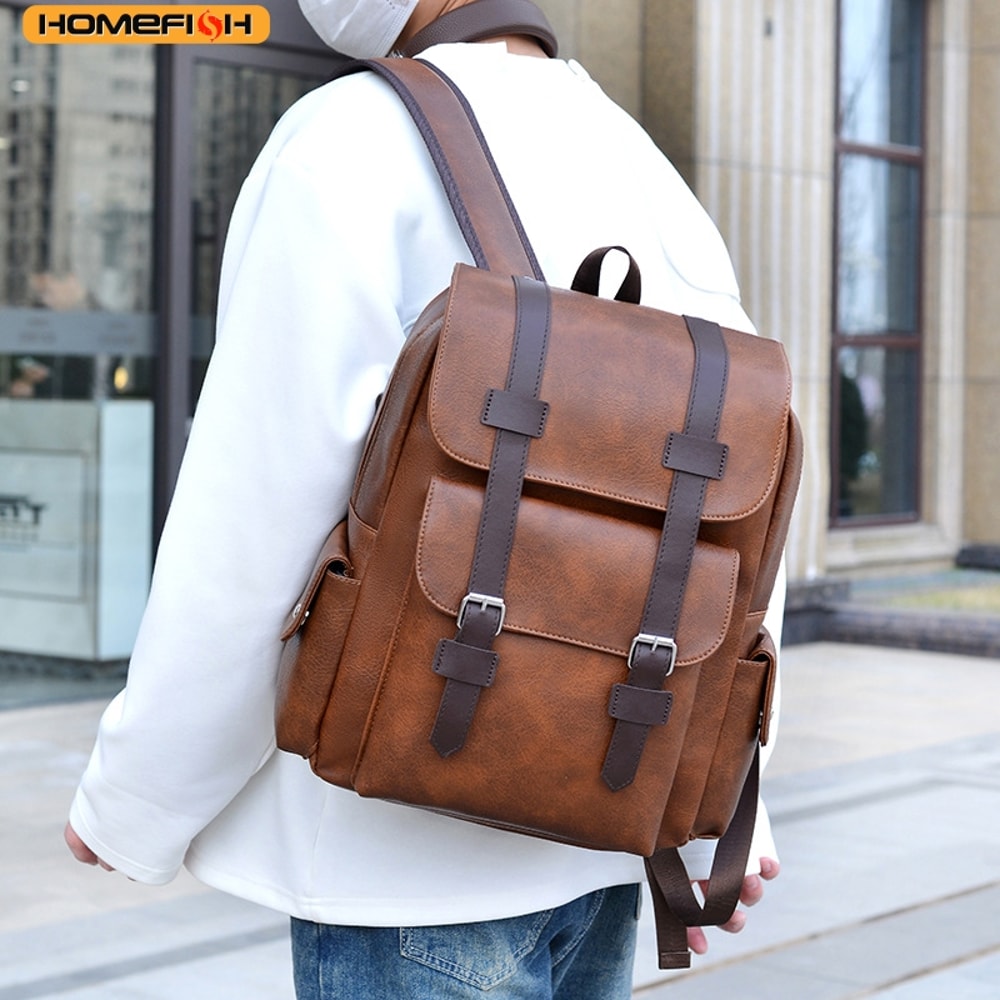 PU Leather Laptop Backpack Large Capacity Travel School Bag 3