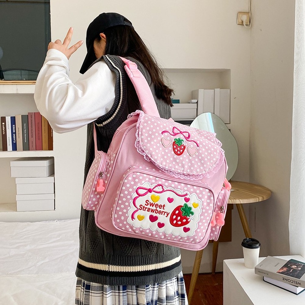 Strawberry Embroidered Girls School Backpack Cute Pink Kids Book Bag 2