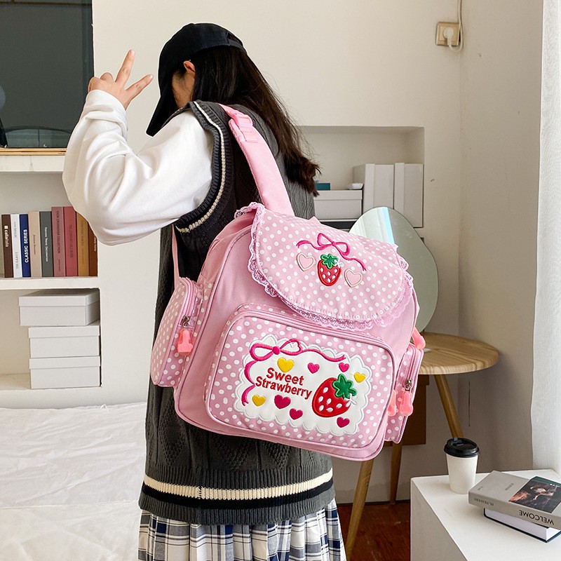 Strawberry Embroidered Girls School Backpack Cute Pink Kids Book Bag 2