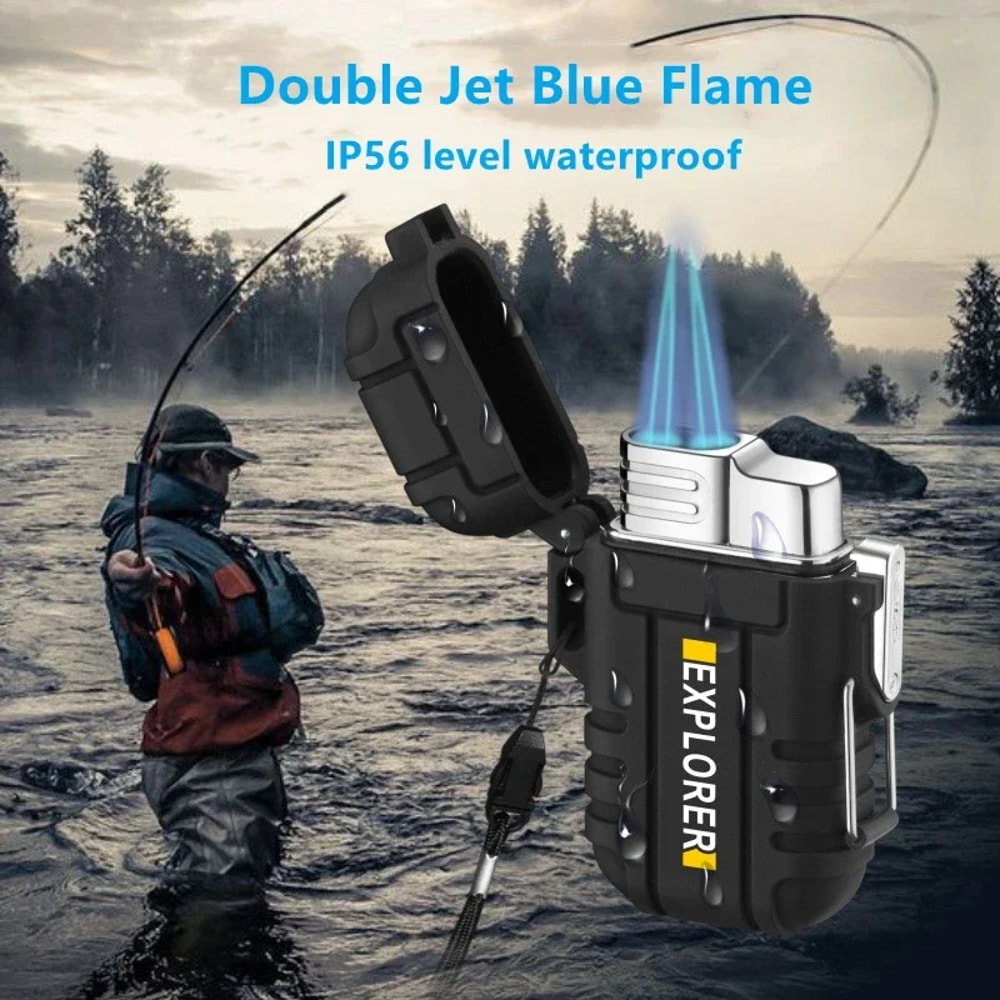 Premium Outdoor Waterproof Blue Flame Jet Lighter With Lanyard Butane Turbo Torch 1