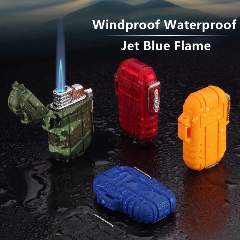 Premium Outdoor Waterproof Blue Flame Jet Lighter With Lanyard Butane Turbo Torch 3