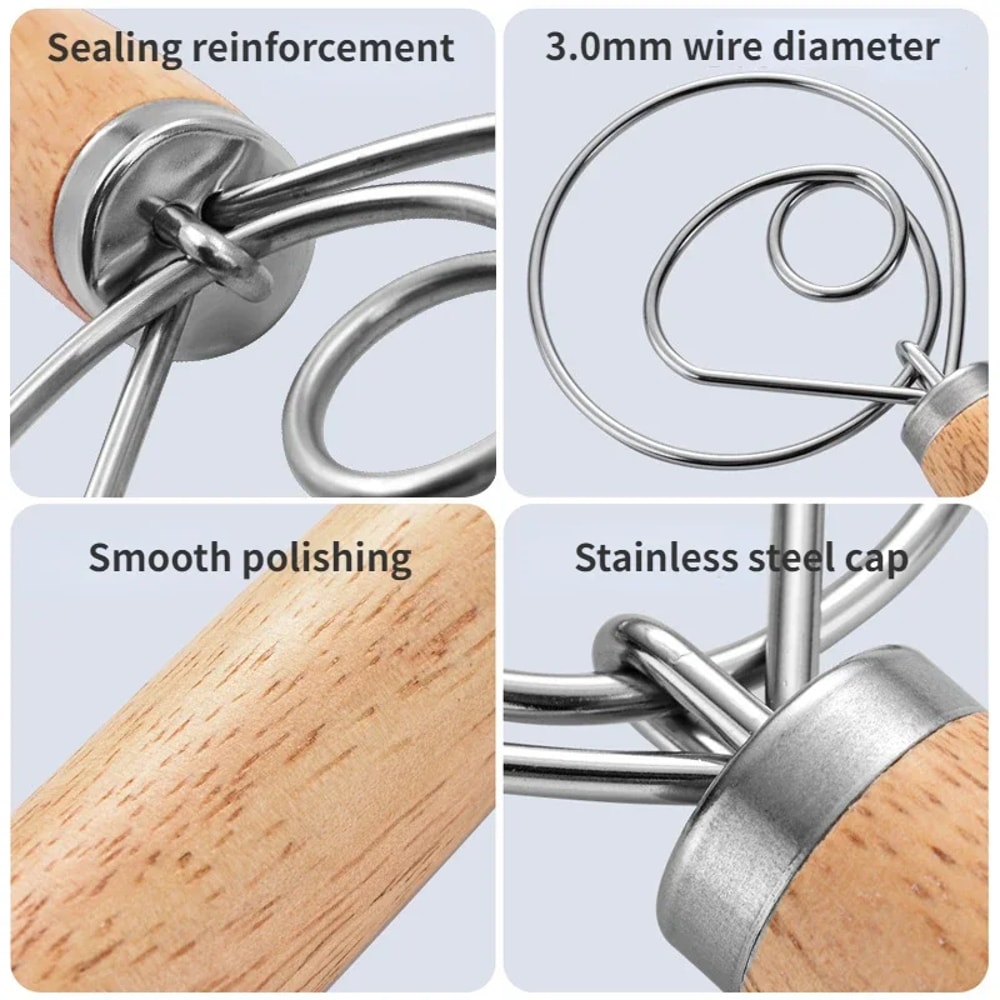 Premium Danish Dough Whisk Stainless Steel Bread Mixer With Wooden Handle For Easy Baking 4