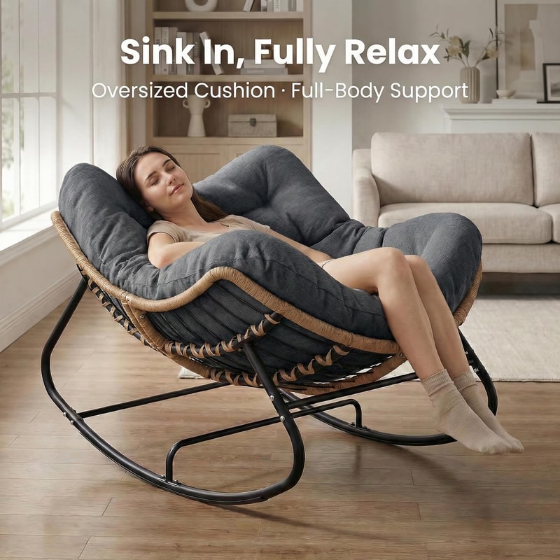 Oversized Papasan Rocking Chair Cozy Wicker Egg Chair For Indoor Outdoor Lounge Comfort 3
