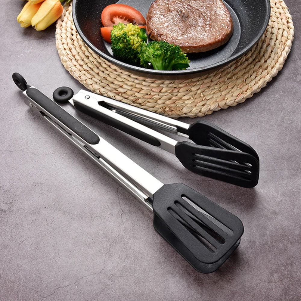 HeatResistant Silicone Kitchen Tongs Stainless Steel BBQ Grill Tongs NonStick Food Tongs 2
