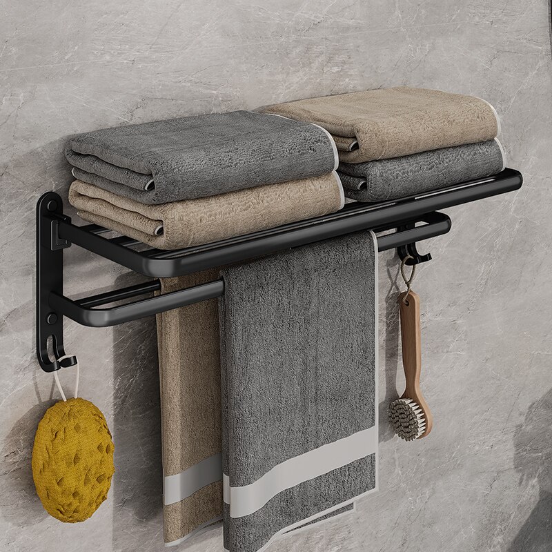Matte Black Wall Mounted Folding Towel Rack with Hook