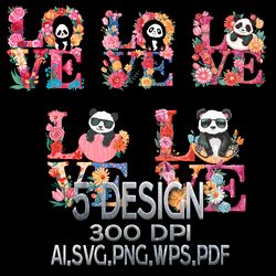 Word Love Floral and Cute Panda in Black Sunglasses Digital FIle AI.SVG.PNG.EPS.PDF