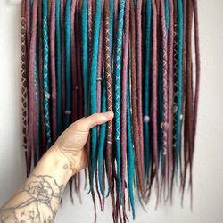 Wool dreadlocks set: Coffee brown, turquoise green and ash pink double ended drea