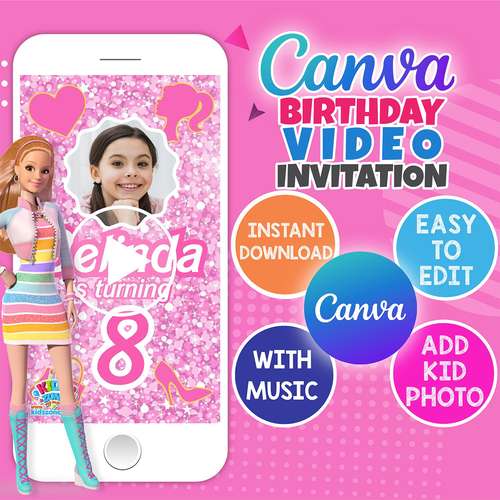 Barbie Birthday Video Invitation, Editable and instant downloadable, Canva Template